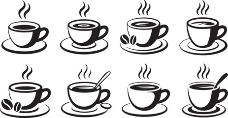 Eight black coffee cups on saucers with steam rising