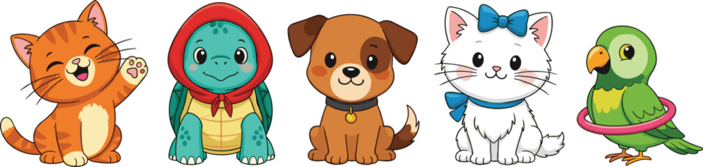 Obraz premium Cute cartoon animal character set featuring cat, turtle, puppy, kitten and parrot illustrations for kids design, stickers, education and playful branding use