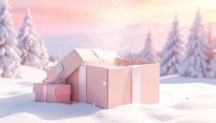 Soft pink christmas gifts in snowy landscape with pastel trees and sunset holiday presents with ribbons and snowflakes
