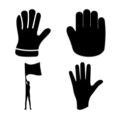 Obraz premium Diverse set of hand gestures, a protective glove, and a flag bearer silhouette