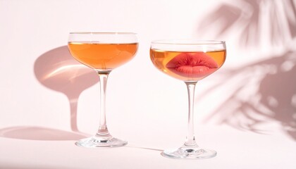 Cocktail glasses with lip print creative bachelorette party concept with orange drinks