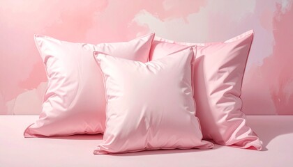 Soft pastel pink pillows arranged in a cozy beauty sleep concept with satin texture and gentle lighting