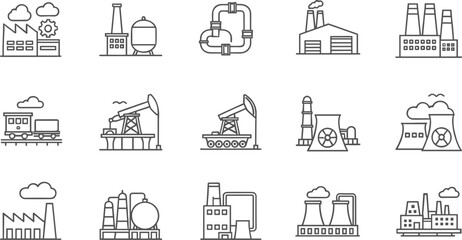 Minimal line icon set of industrial factory and energy production concepts including manufacturing plants, oil refineries, power stations and heavy industry symbols