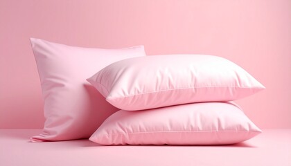 Soft pink pillows stacked for beauty sleep concept with pastel background