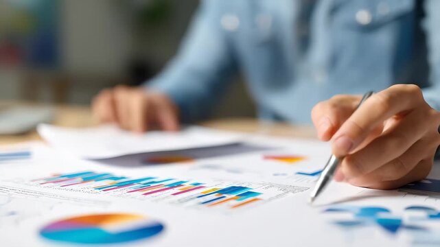 Person reviews graphs and charts while holding a pen at a desk with paperwork and a laptop in the background during a business meeting in an office