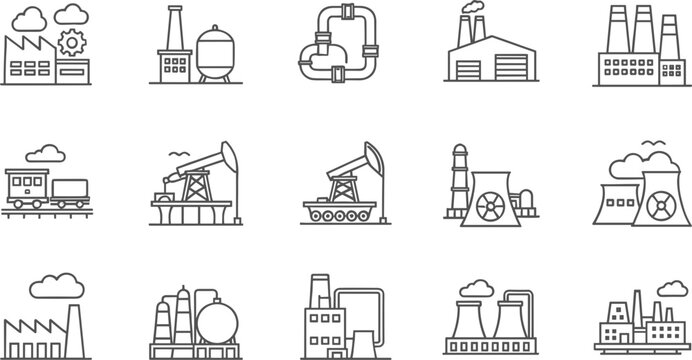 Minimal line icon set of industrial factory and energy production concepts including manufacturing plants, oil refineries, power stations and heavy industry symbols
