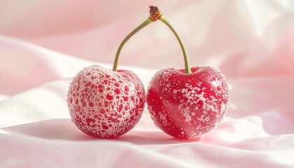 Vibrant cherries with sponge texture on pink fabric background creative summer fruit concept with sweet and fresh produce