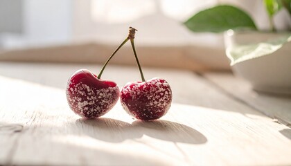 Two sugary cherries with sponge texture on a rustic wooden table in a bright summer kitchen with natural light