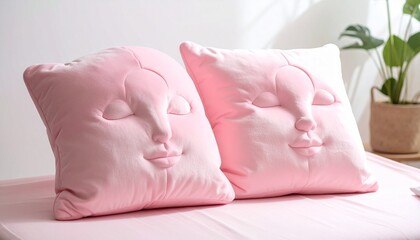 Soft plush pastel pink pillows in human head shape on bed with plant
