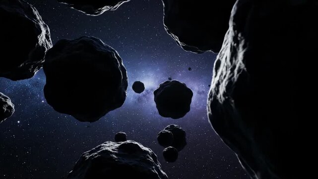Dark asteroids float through a star-filled galaxy. A cosmic journey through the vastness of space.