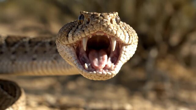 A venomous rattlesnake strikes with fangs exposed in the desert. Its powerful, aggressive attack reveals sharp, deadly teeth.