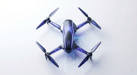 Futuristic unmanned aerial vehicle (UAV) with glowing neon circuit patterns and carbon fiber body. Top view of high-tech drone concept for AI, digital innovation, and advanced technology.