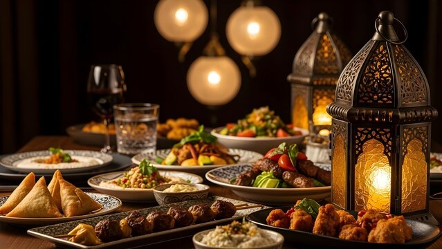 Ramadan iftar table setting with traditional food and lanterns