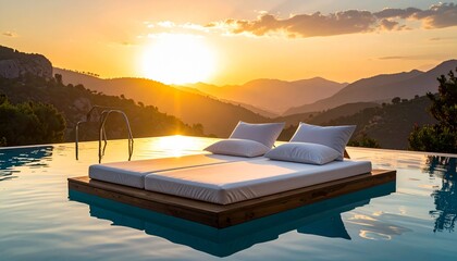 Double bed floating in infinity pool at sunset with white pillows and mattress on wooden platform overlooking mountains