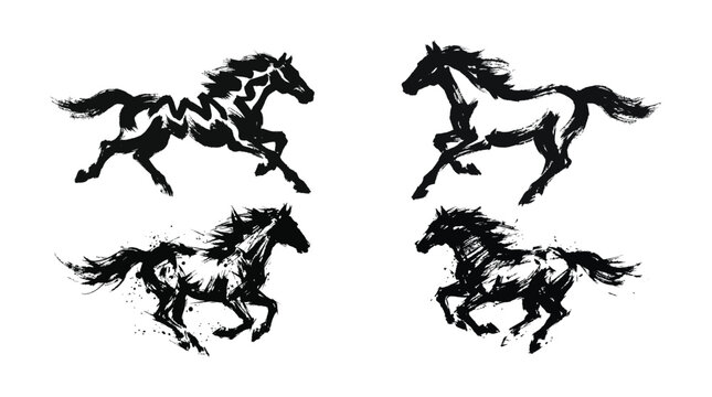 Black Ink Wash Painting Style Running Horse Traditional Chinese Calligraphy Brush Stroke Vector Set Illustration Artistic Sketch Drawing Culture Asian Oriental Dynamic