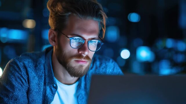 Intense Focus on the Screen: A thoughtful individual, illuminated by the glow of a computer screen, is fully absorbed in a task.