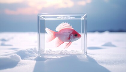 Surrealist dreamscape features a vibrant fluffy pink fish swimming in a clear square glass container filled with water set against a soft pastel colored sky and a snowy frozen landscape