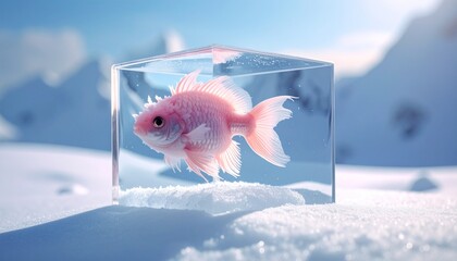 Surrealist pink fish frozen in transparent cube symbolizing isolation and coldness set against a soft focus icy landscape with gentle morning light creating a dreamlike ethereal atmosphere