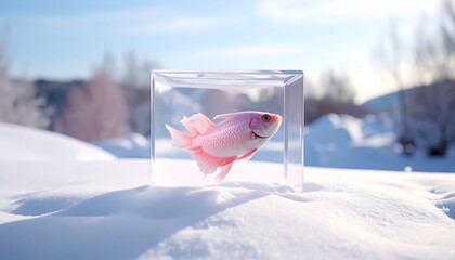 Surrealist pink fish trapped in clear acrylic cube on snowy landscape winter wonderland with soft sunlight creating a dreamlike atmosphere unique concept of isolation and beauty amidst cold