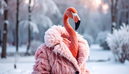 Whimsical flamingo adorned in plush pink faux fur coat stands proudly amidst a serene snow covered winter forest with soft diffused sunlight creating a magical atmosphere