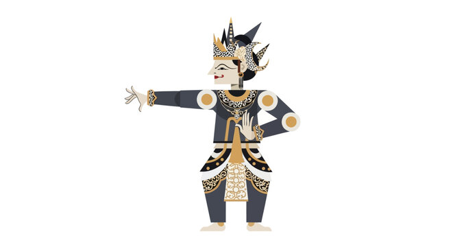 Traditional Indonesian Wayang Kulit Shadow Puppet Character Vector Illustration Featuring Intricate Cultural Costume Details