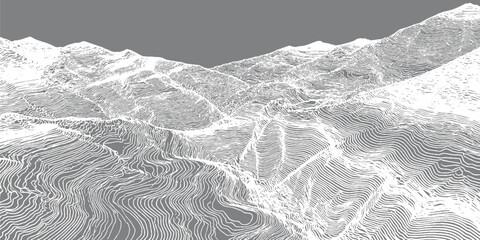 Topographic contour lines representing a mountain range landscape in white and gray