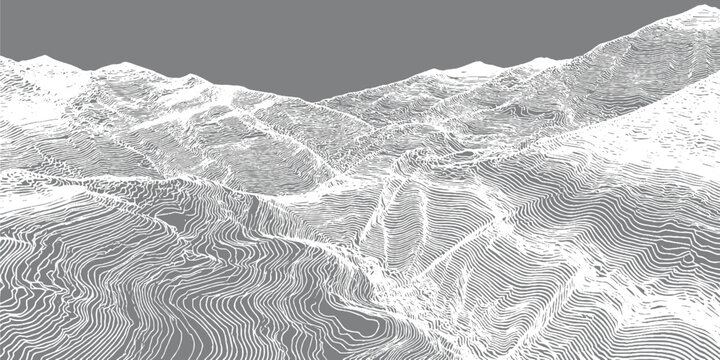 Topographic contour lines representing a mountain range landscape in white and gray