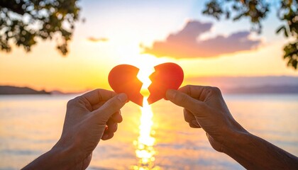 Hands holding two red heart halves together against a romantic sunset over water symbolizing love and unity
