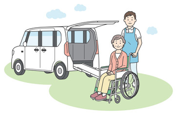 介護施設に送迎される高齢女性と男性介護士と福祉車両のイラスト（カラー
