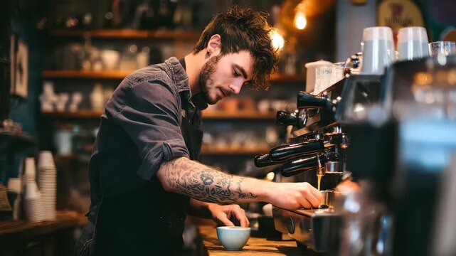 Barista prepares coffee at a small cafe in the city during the morning rush hour, focusing on the brewing process for customers
