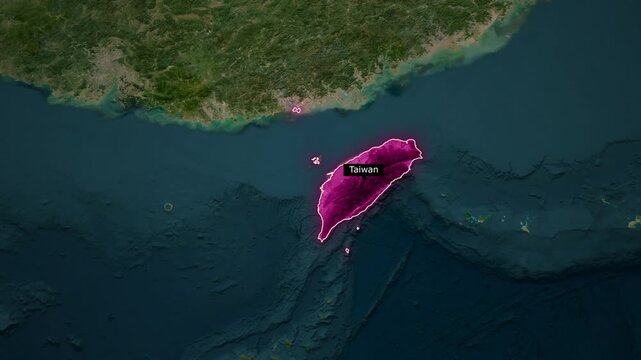 Satellite map zooming into Taiwan with glowing pink outline