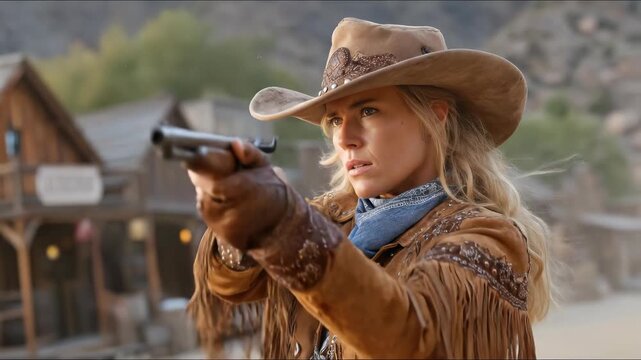 Wild West frontier woman, armed, wearing fringed suede jacket and cowboy hat, watchful gaze, dusty western town background, classic era aesthetic.