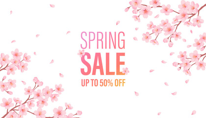 Spring Sale banner with cherry blossoms and text up to 50% off. Floral promotion vector illustration.  © fromage