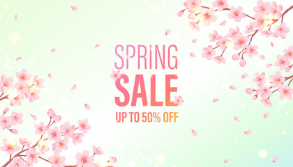 Spring Sale banner with cherry blossoms and text up to 50% off. Floral promotion vector illustration.  © fromage