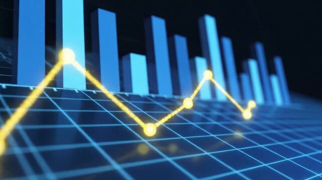 A graph with a yellow line on a blue grid background with bars and charts with business and finance concepts