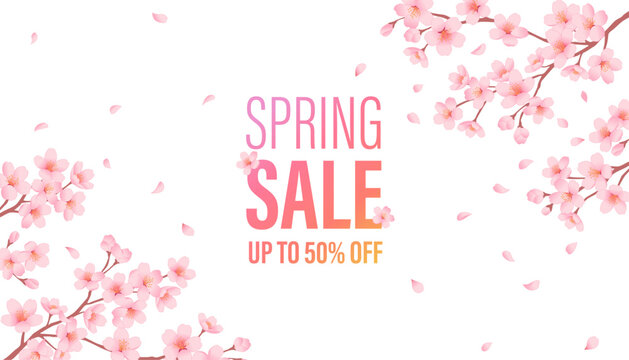 Spring Sale banner with cherry blossoms and text up to 50% off. Floral promotion vector illustration.
