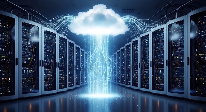 Cloud Computing Data Center - Server Racks and Data Transmission.