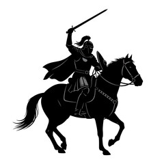 Knight on Horseback Silhouette with Sword and Shield Ready for Battle.
