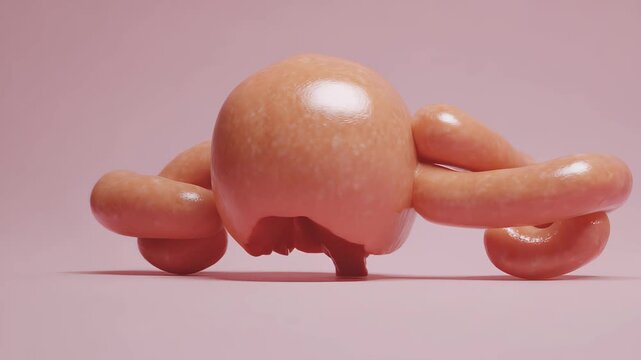 Sculpture shows a skull with sausage-like shapes around it in a studio setting with soft lighting in the background