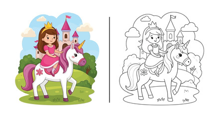 Obraz premium Magical Princess Riding Unicorn Near Castle Coloring Page and Colored Artwork