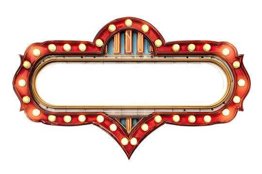 Ornate marquee frame with glowing bulbs, cut-out center. Retro style. Red and yellow. Black background