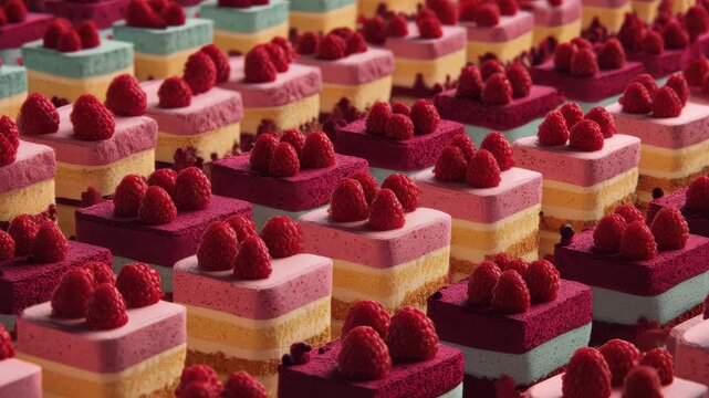 Colorful dessert display featuring layers of cake and fresh berries arranged in neat rows at a bakery during a busy day