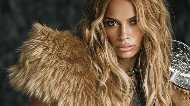 Warrior Queen's Gaze: A stunning woman in warrior attire commands attention with a look of fierce determination and a spirit of resilience, draped in fur and armor.