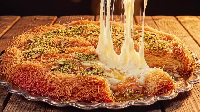 Authentic Kunafa Sweet Pastry with Melted Cheese and Syrup