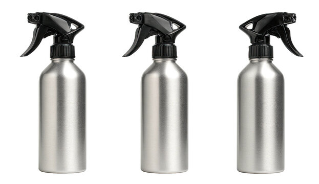 Three metallic spray bottles with black trigger sprayers isolated against a black background