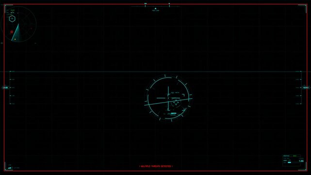 Military graphics displaying sensor data and targeting information. The interface includes a circle with a pointer indicating a target, set against a dark background.