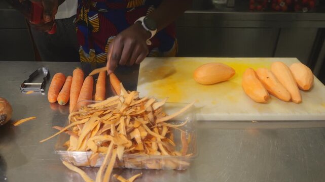 itchen scene shows peeled yam (Dioscorea spp.) and sweet potato (Ipomoea batatas), also known as igname, &ntilde;ame, inhame, batata, kumara, camote and boniato, arranged with peels for traditional food prep