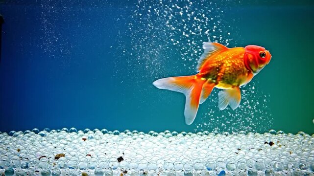 Vibrant goldfish swimming in clear aquarium with air bubbles and decorative substrate underwater