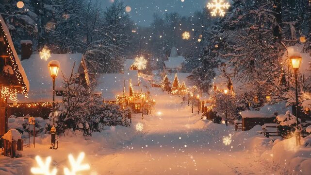 Enchanting winter path, deep snow covering trees and homes, warmly illuminated by cheerful string lights and glowing lanterns. Radiant snowflakes gently descend, setting a peaceful seasonal mood.