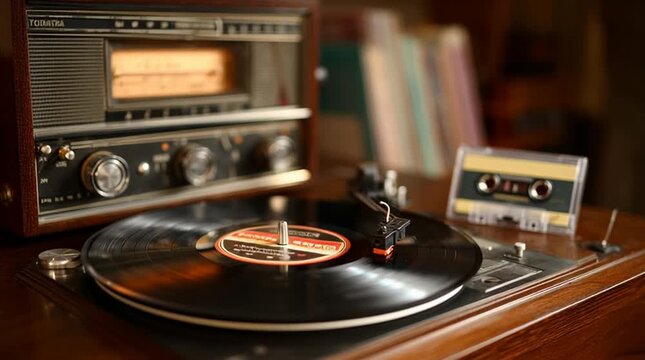 Vintage Melodies: A retro-style vinyl record player spins a record, next to it a cassette tape, evoking a feeling of nostalgia.